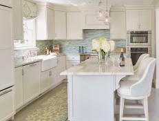 White Cottage Kitchen With Blue Rug