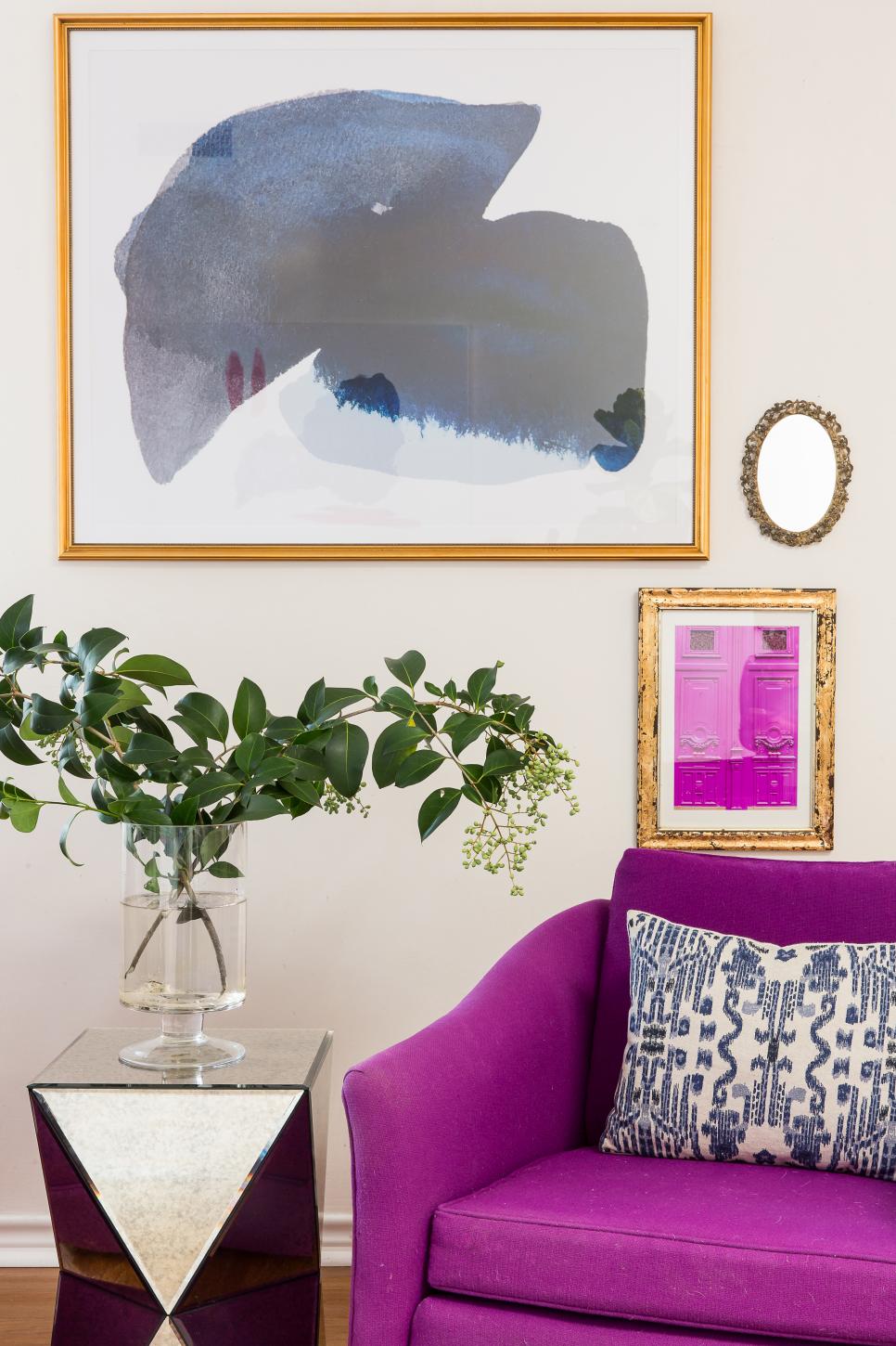 Pink Sofa and Mirrored End Table Pink Sofa and Geometric Table