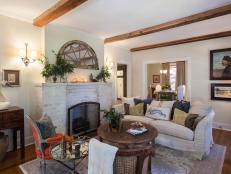 Neutral French Country Living Room with White Brick Fireplace 
