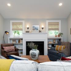 Contemporary Gray Living Room with White Fireplace Mantle  