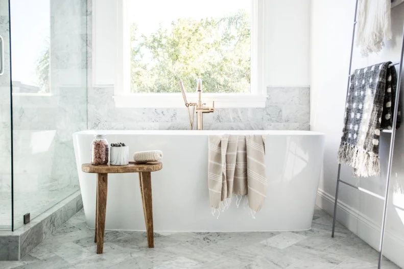 Bathtub and Rustic Stool