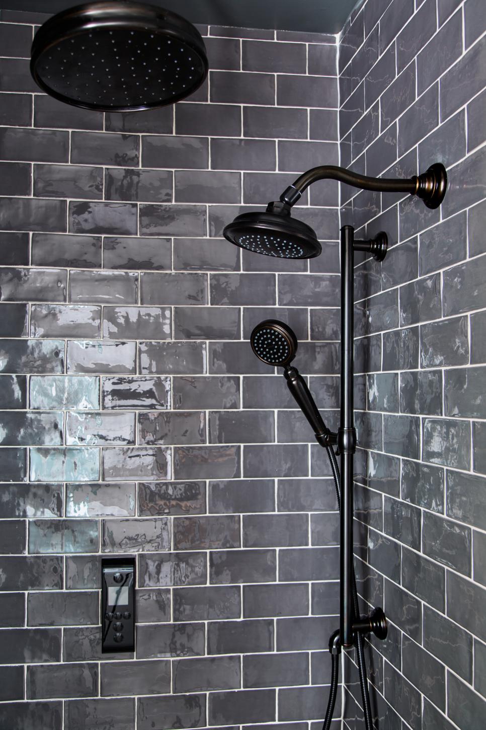 Gray Tile Shower With Multiple Heads and High-Tech Controls Gray Subway Tile Shower With Multiple Heads and High-Tech Controls