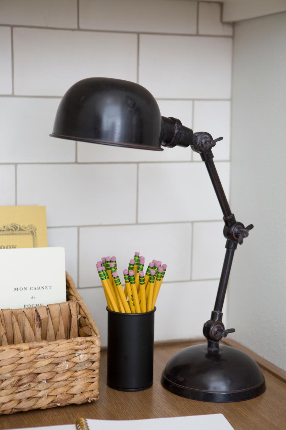 White Cottage Laundry Room with Study Area and Black Lamp Black Lamp on Brown Wooden Desk