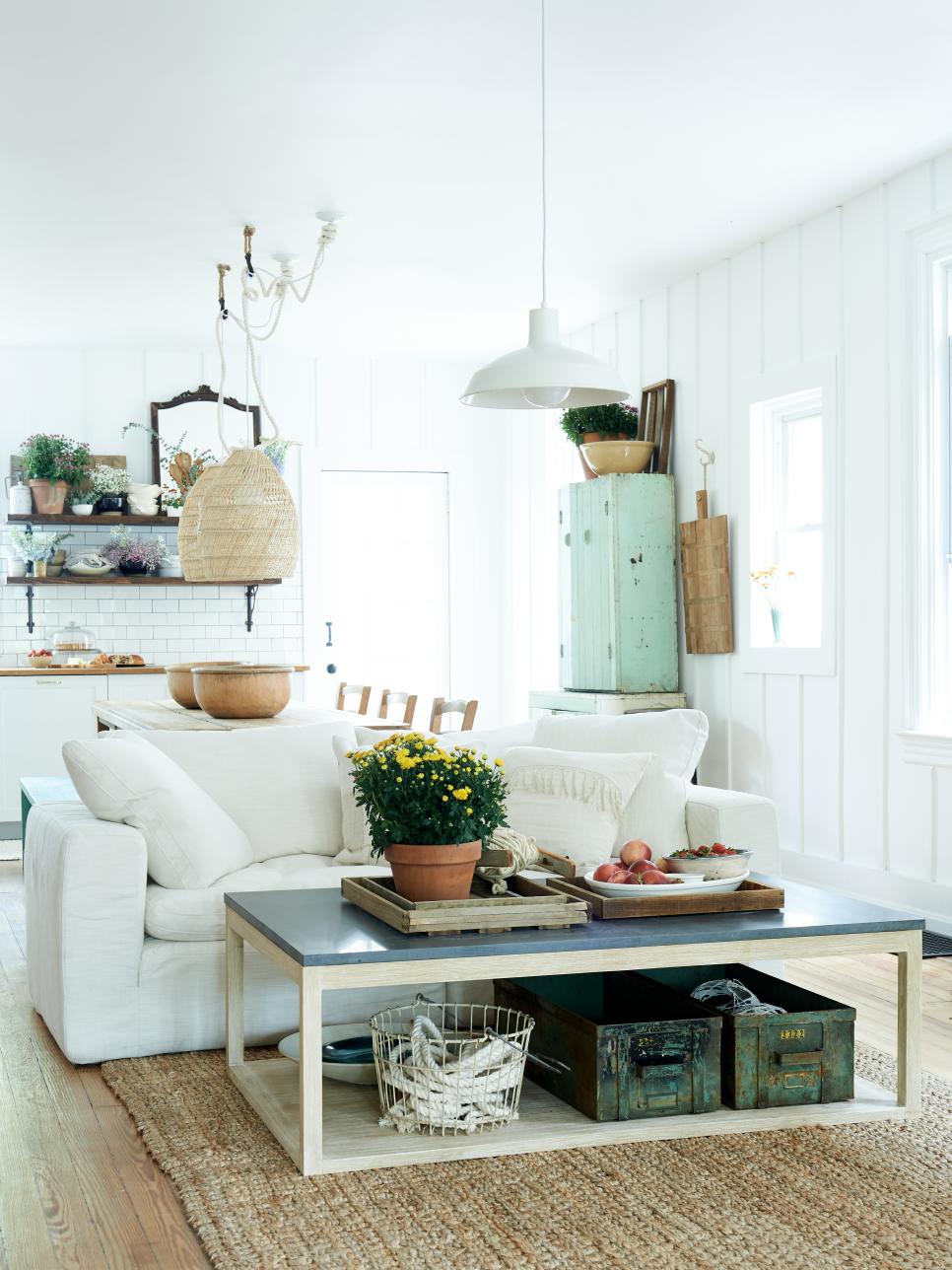 White Country Living Room With Yellow Flowers White Living Room With Yellow Flowers