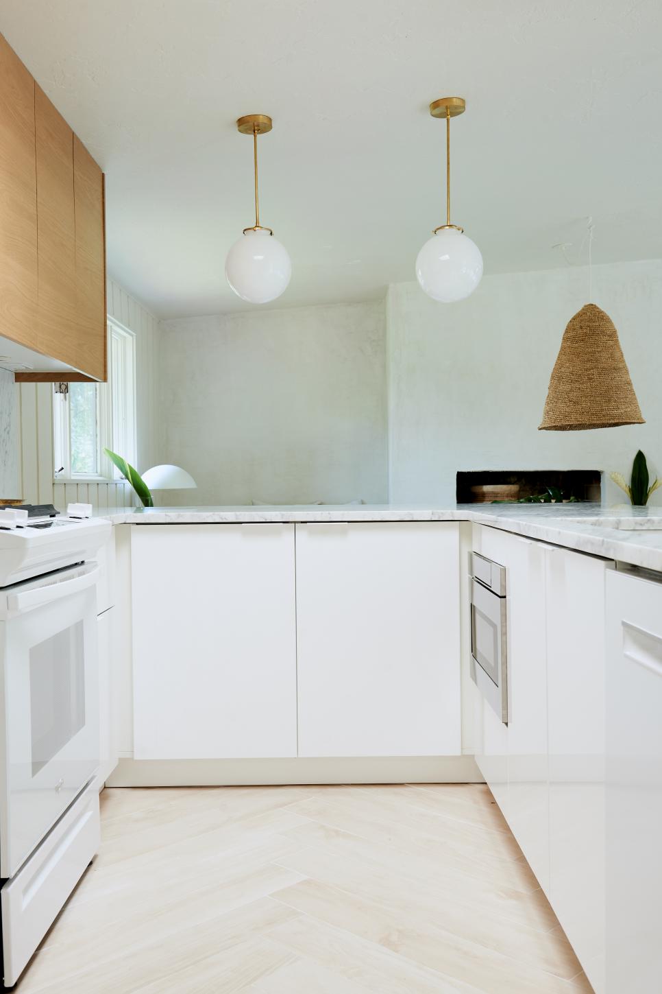 Modern Open Plan Kitchen With Woven Pendant White Modern Open Plan Kitchen