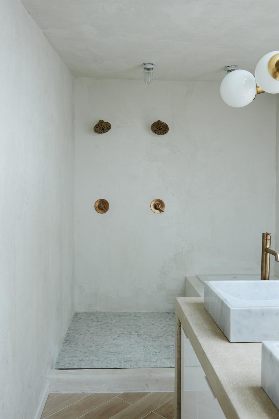Neutral Wet Bathroom With Gold Fixtures Wet Bathroom With Gold Fixtures
