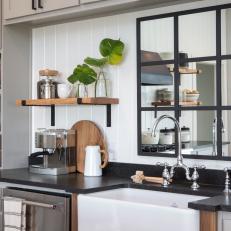 Contemporary Black and White Kitchen with Custom Black Mirror 