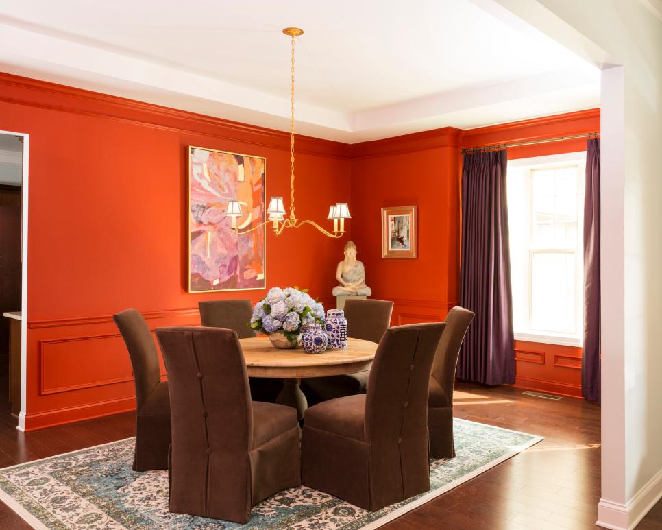 Red Eclectic Dining Room With Brown Chairs Red Eclectic Dining Room