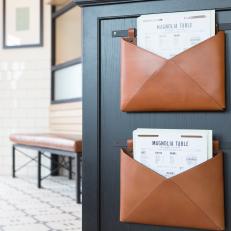 Brown Leather Menu Holders in Contemporary Black and White Entrance 