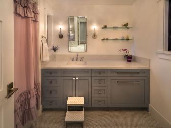 Gray Bathroom With Purple Shower Curtain