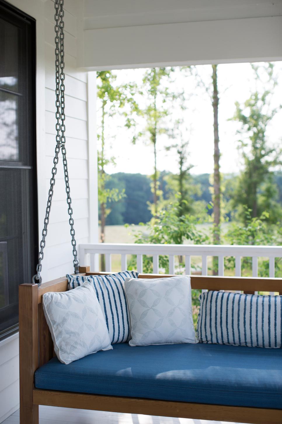 Porch Bench With Blue Striped Pillows Porch Bench With Pillows