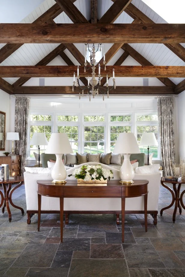 Dramatic Ceiling with Wood Beams and Vaulted Ceilings