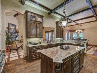 Traditional Kitchen with Dark Wood Finishes, Beamed Ceiling