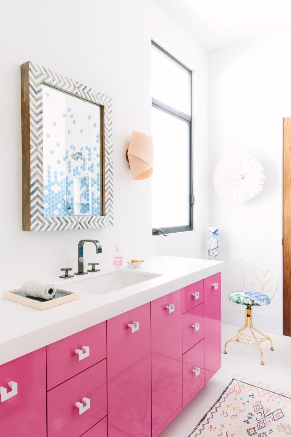 Pink And White Bathroom With Modern Single Sink Vanity And Accessories Modern Bathroom With Hot Pink Vanity