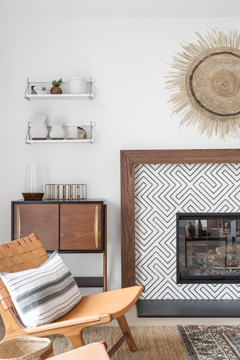 Sitting Nook Next to Eye-Catching Fireplace Leather Chair in Front of Fireplace