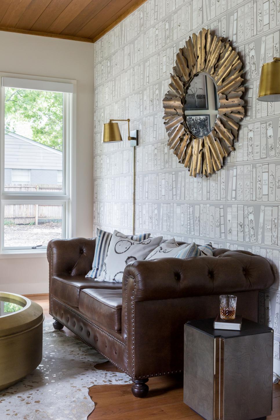 Eclectic Living Space with Fun, Library-Inspired Wallpaper Gray Eclectic Living Space