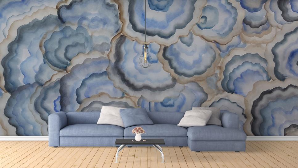 Luxury Modern Living Space with Blue Couch and Geode-Inspired Wallpaper Luxury Modern Living Room Featuring Blue Couch and Geode-Inspired Wallpaper
