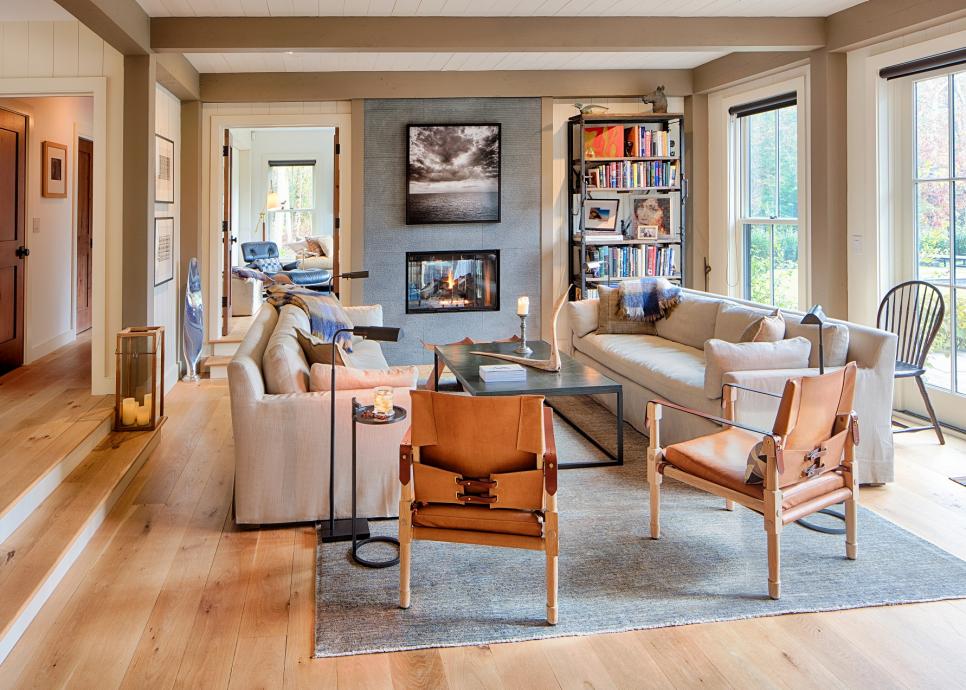 Stylish Sitting Room With Blue Accent Wall contemporary sitting room with fireplace