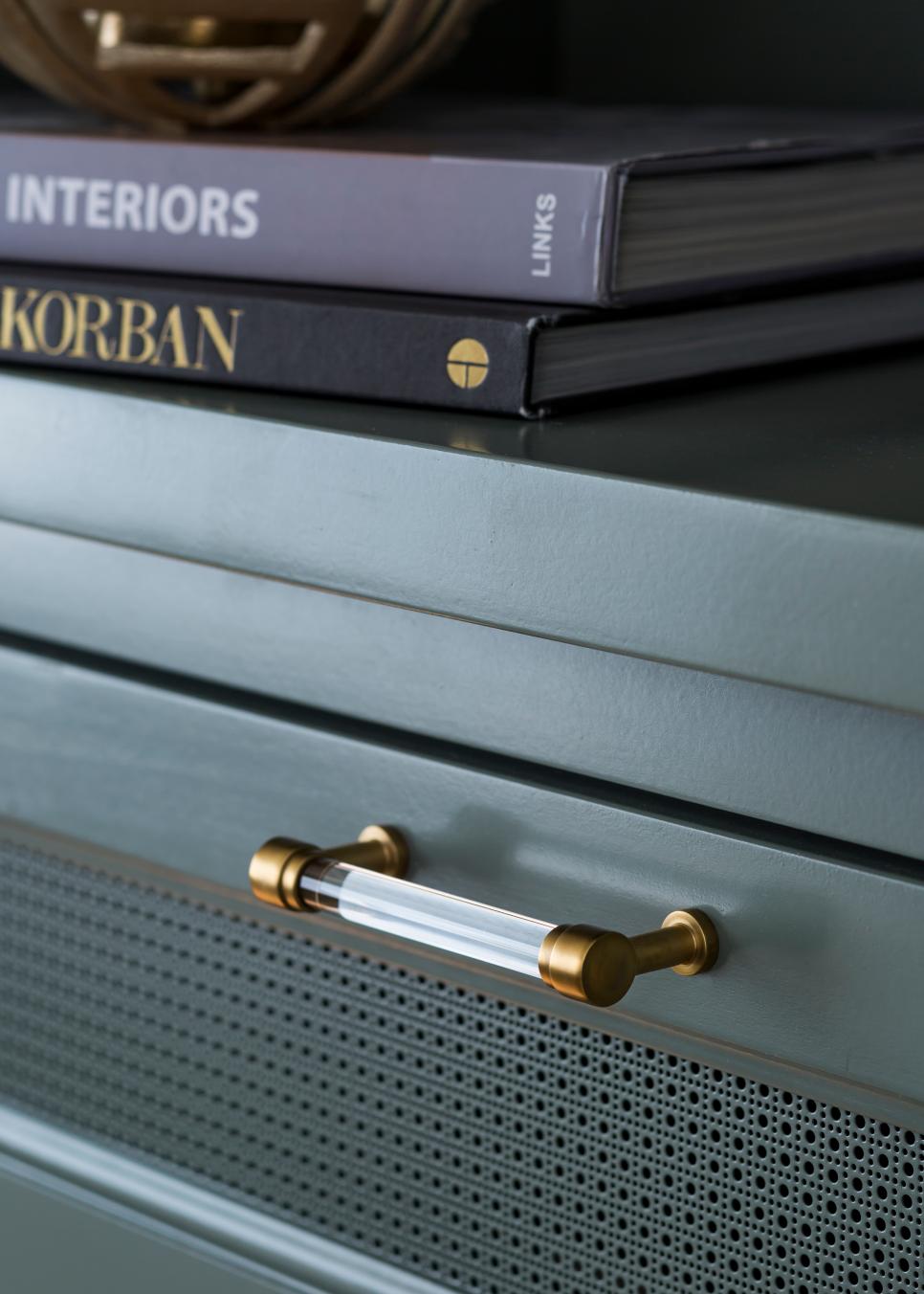 Detailed Look at Brass-and-Glass Hardware transitional green master bedroom