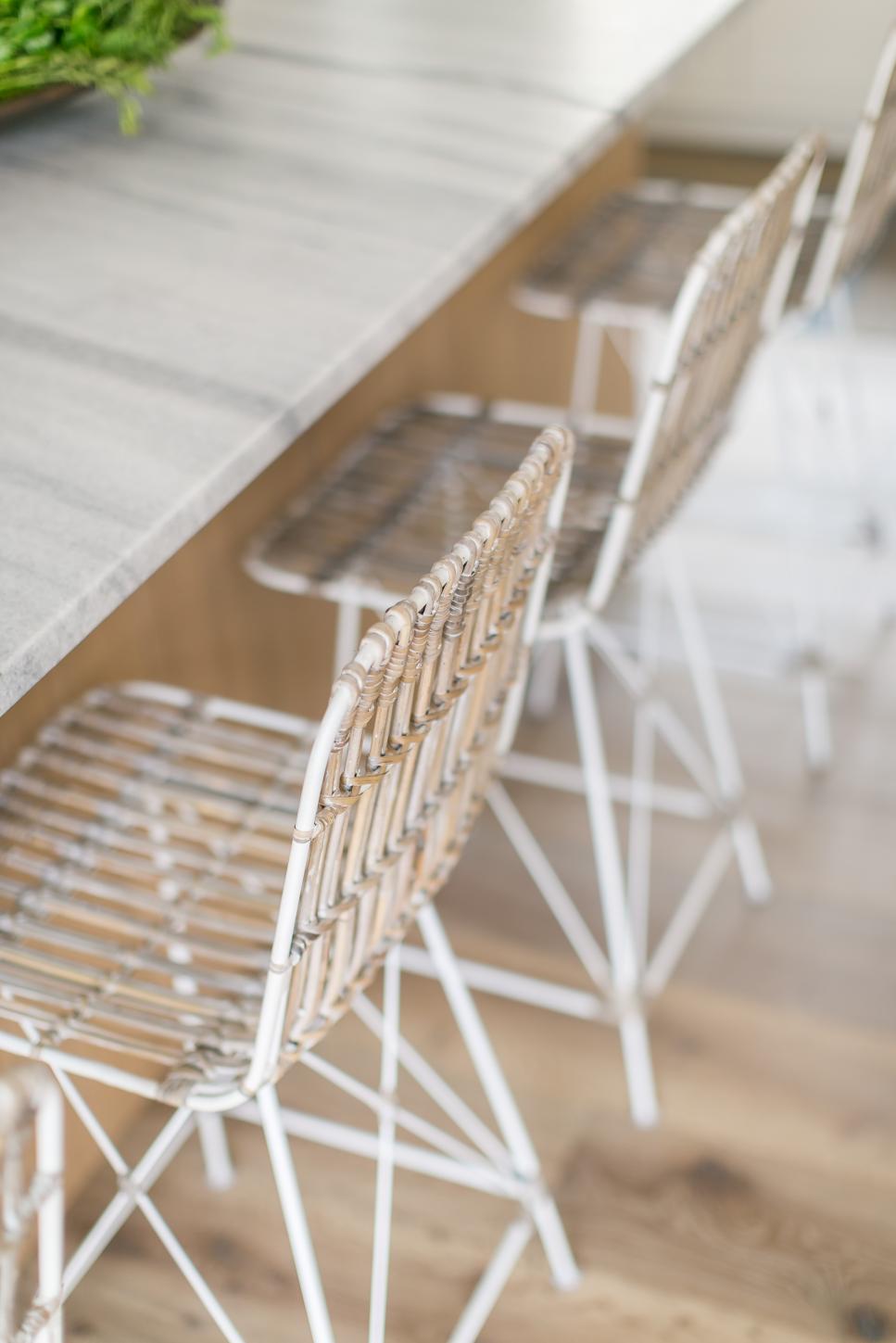 Detailed Look at White, Wire-Backed Barstools eclectic white kitchen with wire barstools