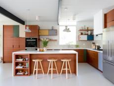 Multicolored Midcentury Open Plan Kitchen