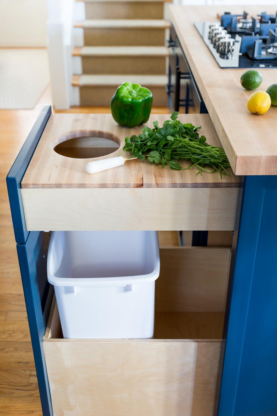 Stylish Trash Can with Butcher Block Make a cabinet to hide your unsightly trash can.
