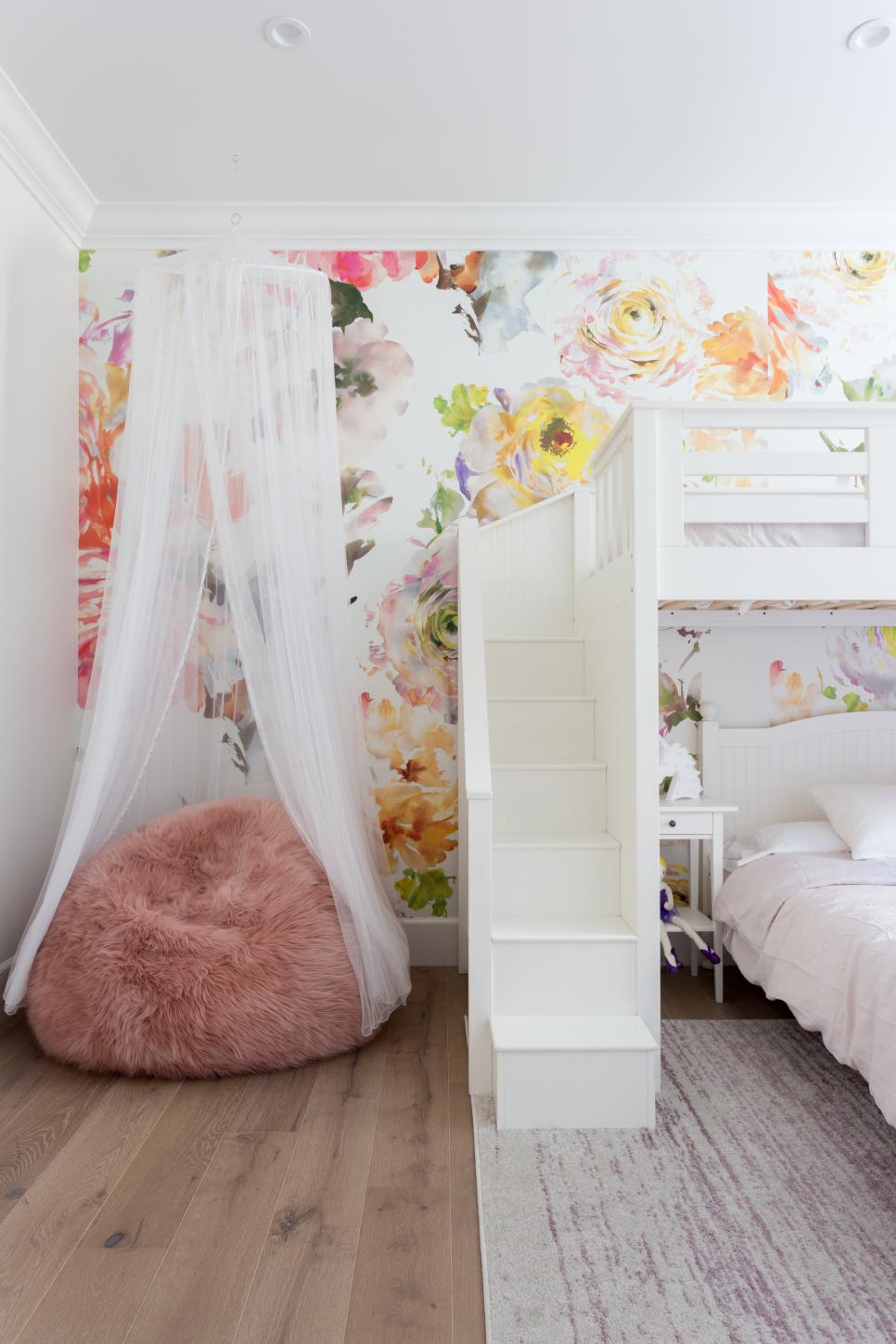 Multicolored Girl's Bedroom With Floral Wallpaper Girl's Bedroom With Floral Wallpaper