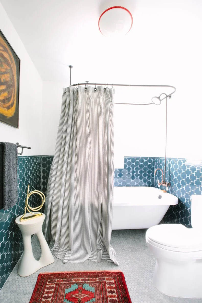 eclectic blue and white bathroom