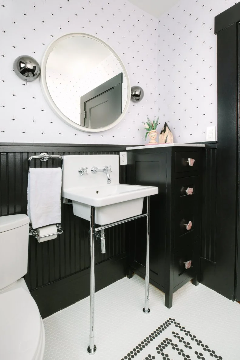 contemporary black-and-white powder room