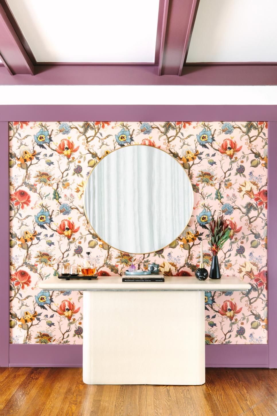 Floral Wall Complements Lilac Ceiling Beams eclectic living room with floral accent wall