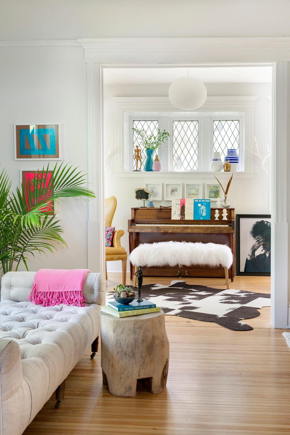 Multicolored Eclectic Sitting Room With Pink Throw Eclectic Sitting Room With Pink Throw