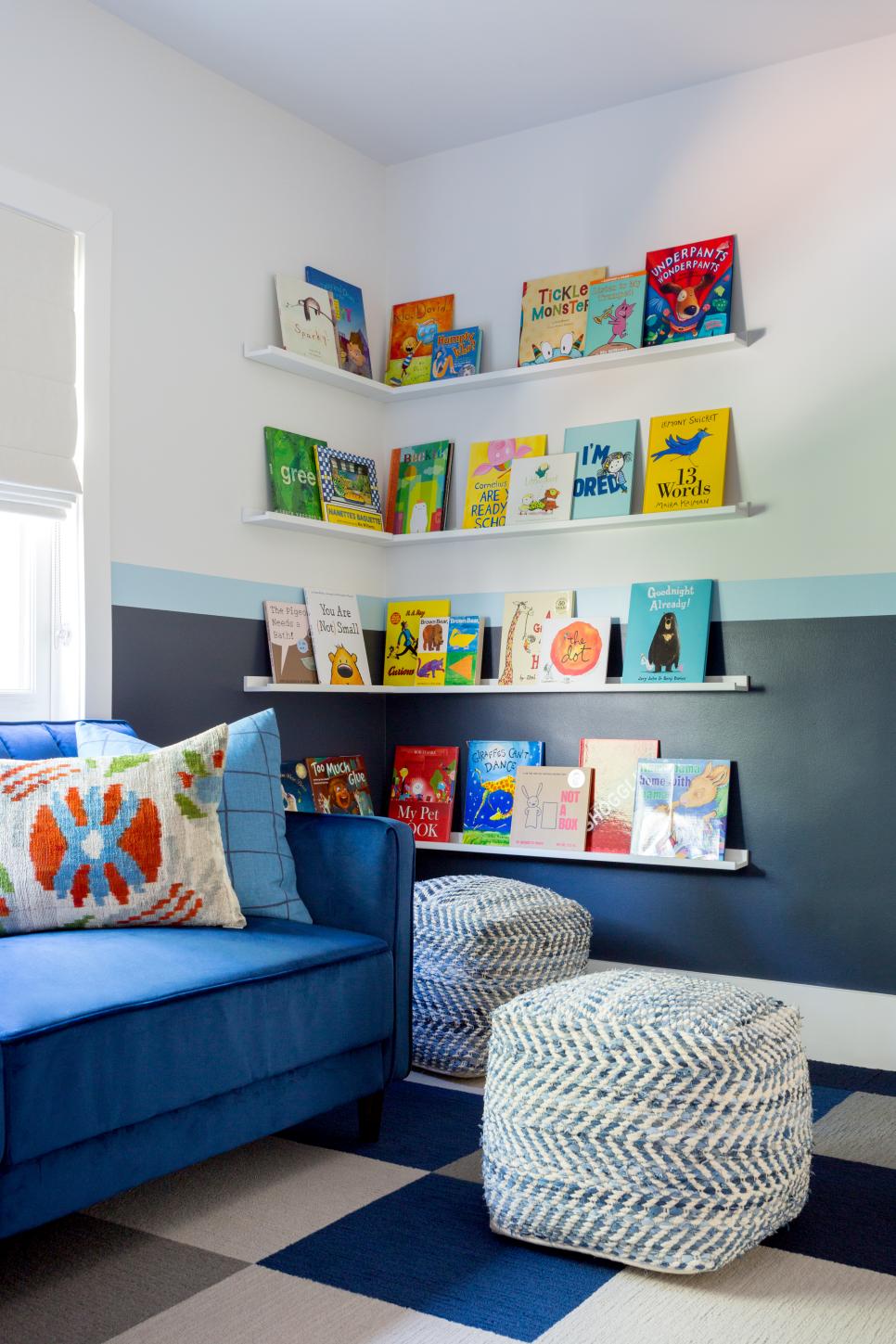 Floating Shelves, Sofa Create Reading Corner in Kids' Room contemporary kids' room with reading corner