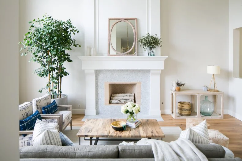 contemporary living room with fireplace