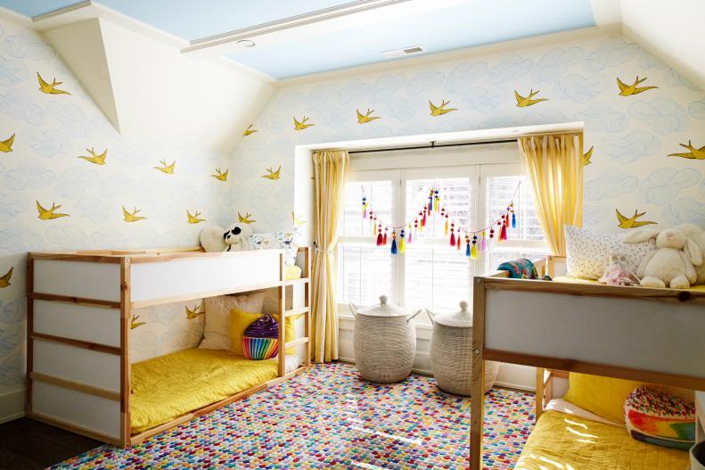 contemporary kids' room with bird wallpaper