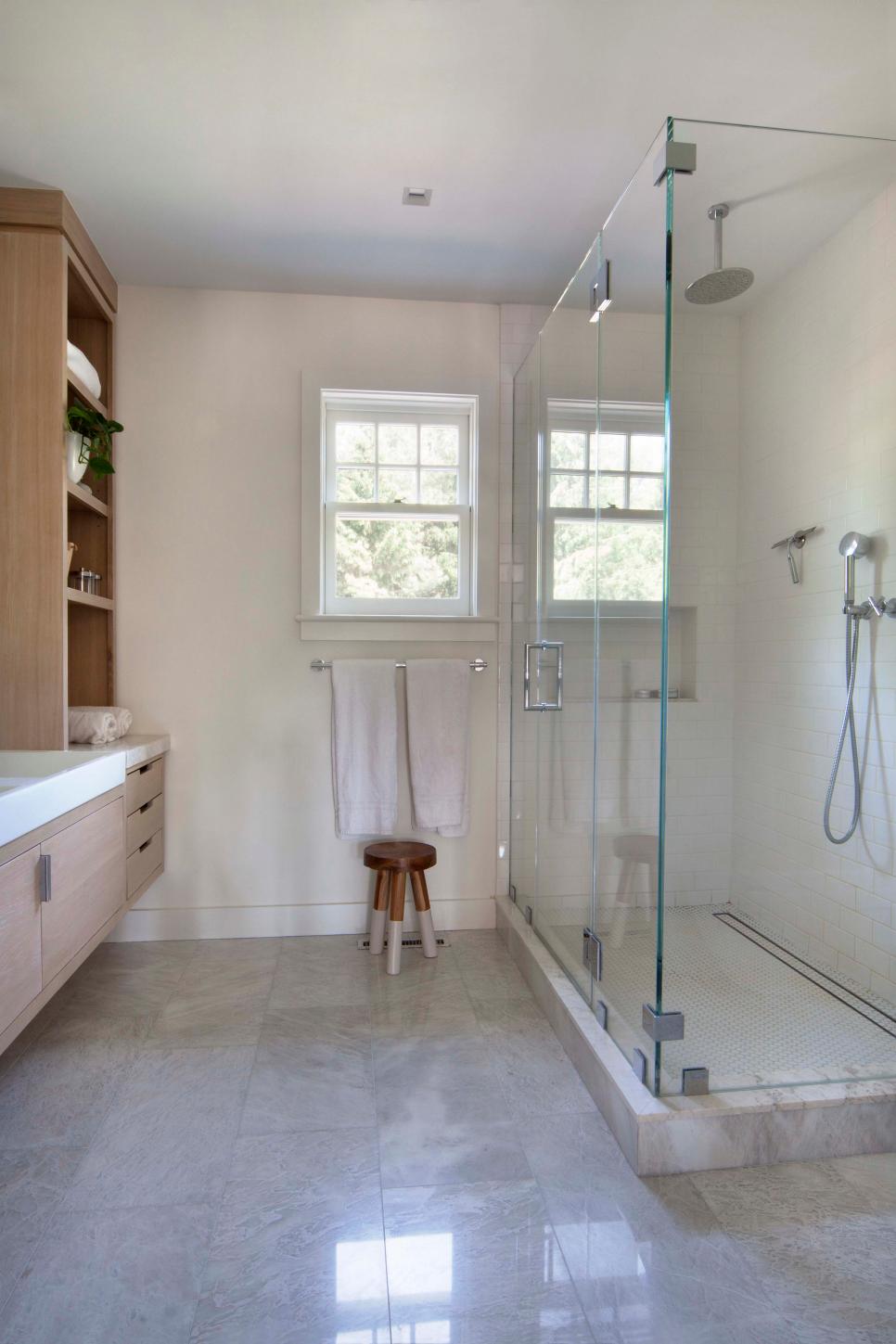 Modern White Bathroom With Glass Shower Enclosure And Marble Floors Modern Kids Bathroom With Glass Shower And Marble Tile
