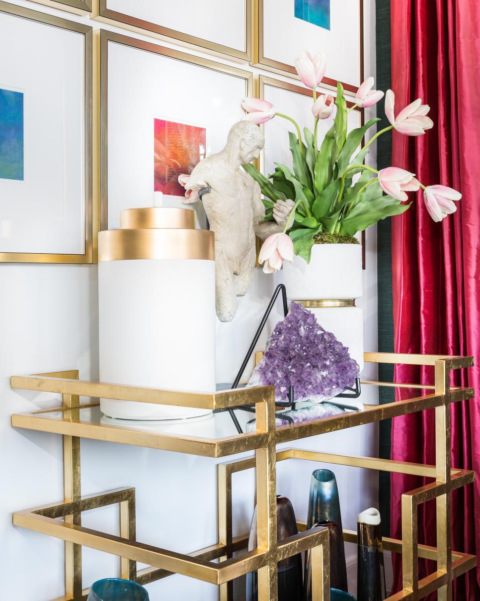 Eclectic Living Room Detail With Modern Gold Side Table And Art Modern Gold And Glass Side Table With Eclectic Art