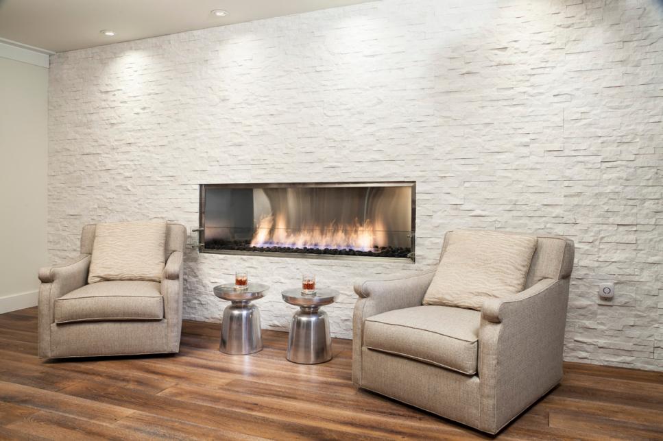 White Sitting Area With Stone Accent Wall White Sitting Area