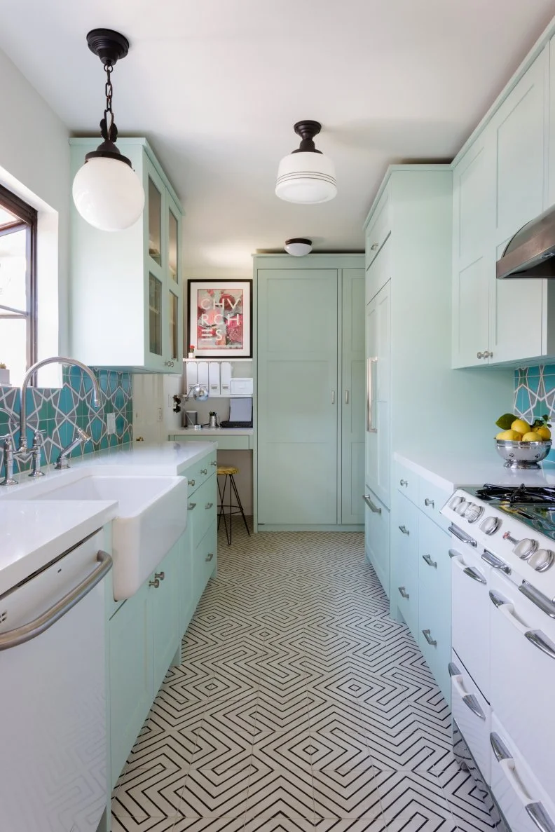 eclectic mint blue kitchen with black-and-white floor