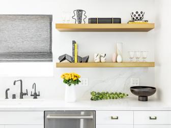 Kitchen Countertop and Open Gold Shelves