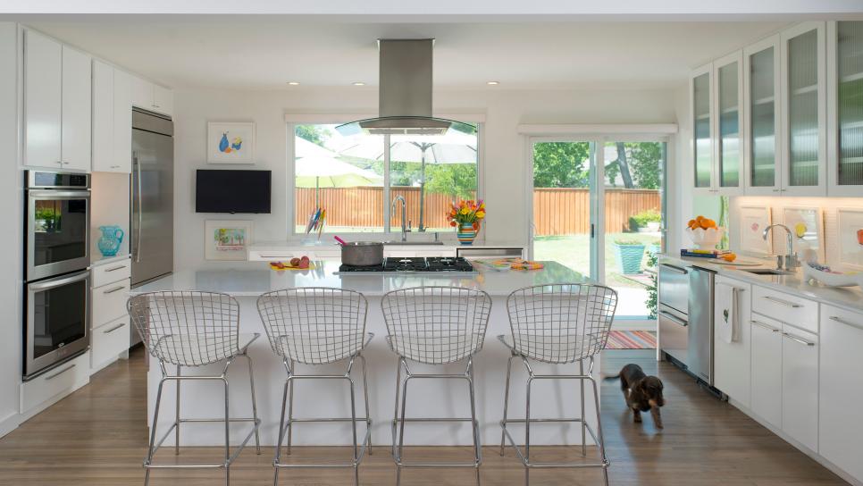 White Modern Chef Kitchen With Mesh Barstools White Kitchen With Mesh Barstools