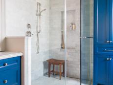 Glass Shower in Blue and White Bathroom