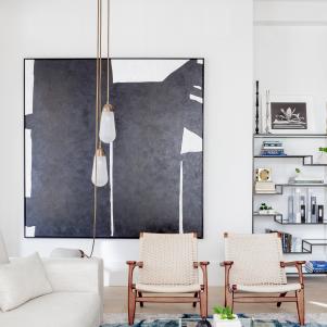 Modern White Living Room With Black And Blue Accents