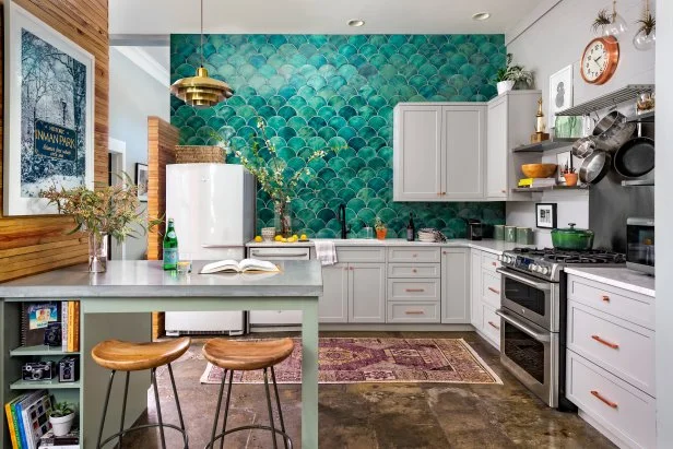 Modern Kitchen with Teal Tile Wall, Open Shelving and Copper accents