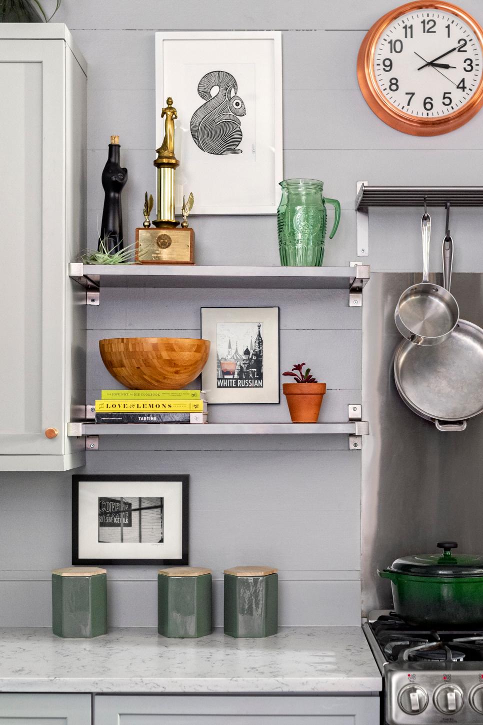 Waddell Urban Kitchen Open Shelving Squirrel artwork and open metal shelving