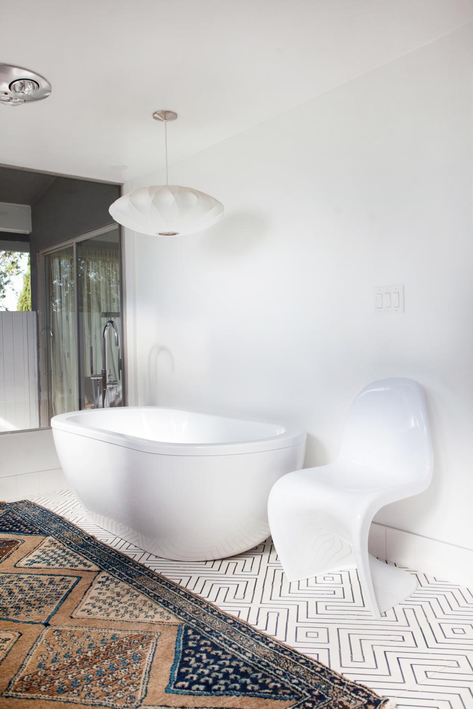 White, Modern Bath with Eclectic, Bohemian Ambiance White Eclectic Master Bathroom