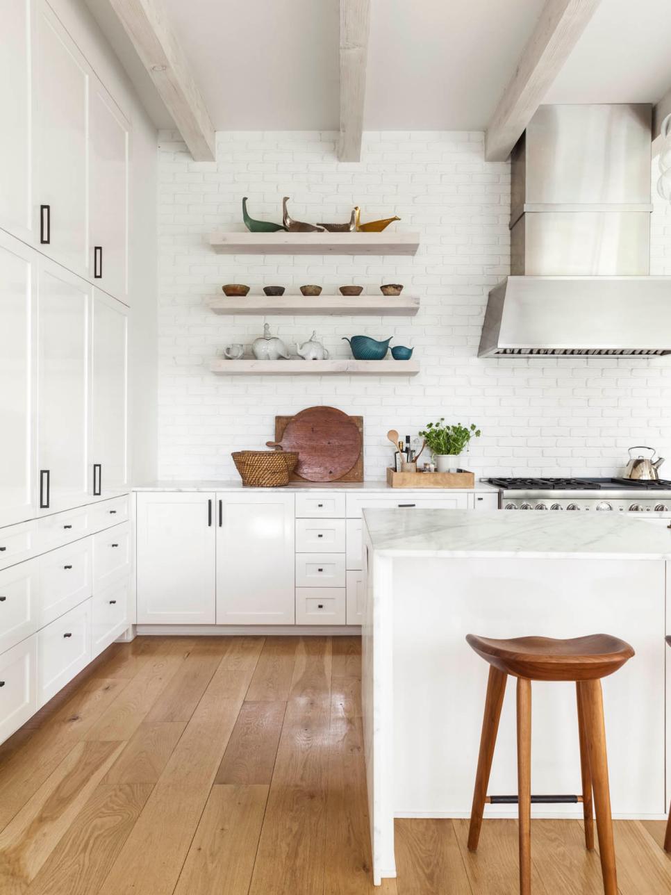 White, Monochromatic Transitional Kitchen With Floating Shelves White Transitional Kitchen