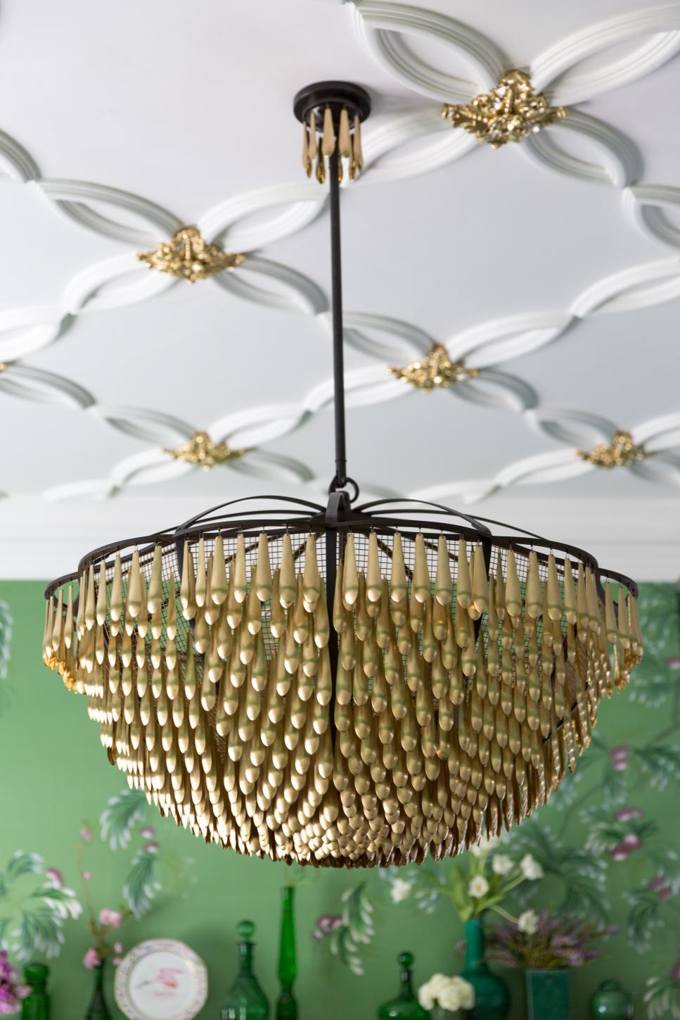 Gold Chandelier And White And Gold Plaster Ceiling Detail Green Living Room With Gold Chandelier And Gold Leaf Ceiling Accent