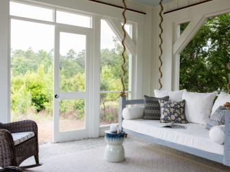 White Cottage Screened Porch With Daybed Porch Swing And Rocking Chair