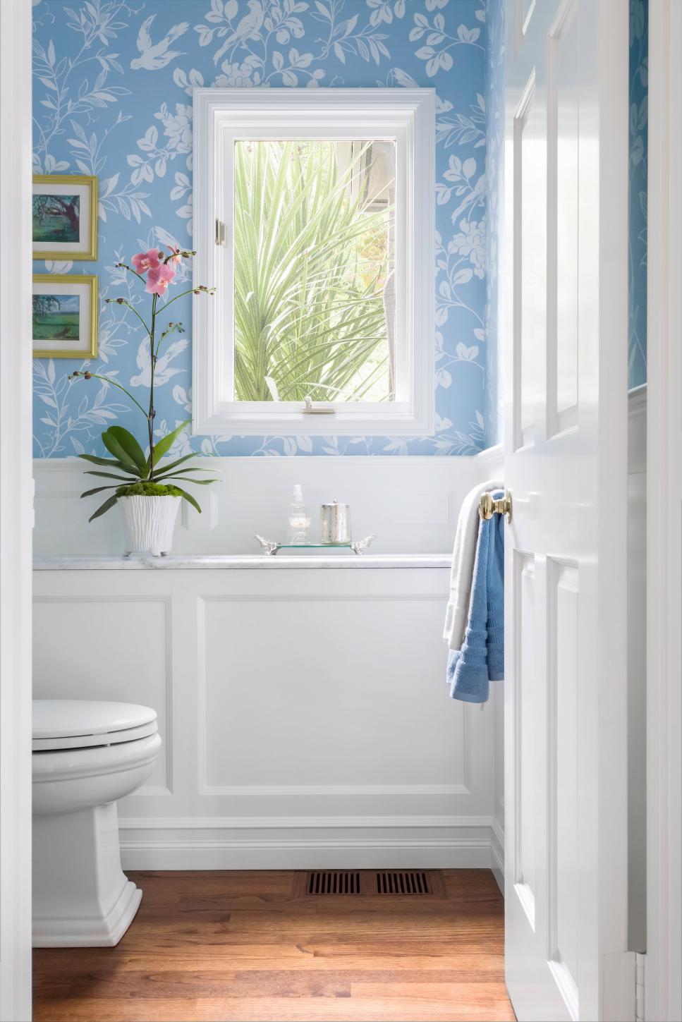 Blue and White Powder Room With Pink Orchid Powder Room With Pink Orchid