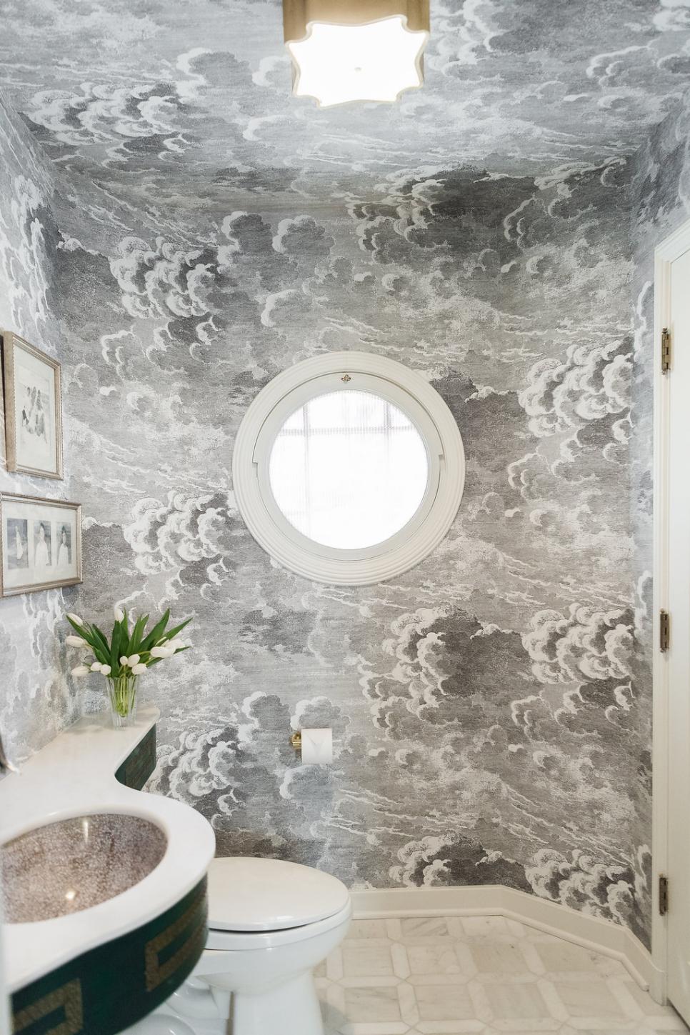 Gray Powder Bathroom With Cloud Wallpaper Powder Bathroom With Cloud Wallpaper